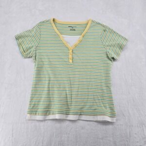Basic Editions Henley Top Womens S Shirt Yellow Striped Short Sleeve Cotton